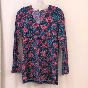 Lilly Pulitzer Tropical Fish Hooded Coverup Mini Dress Size Small Navy Pink Teal